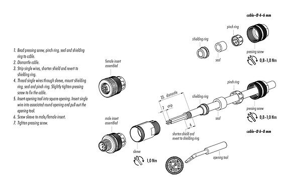 Instrucción de montaje M12 Conector de cable macho, Número de contactos: 4, 4,0-6,0 mm, blindable, abrazadera de alambre, IP67, con anillo de protección