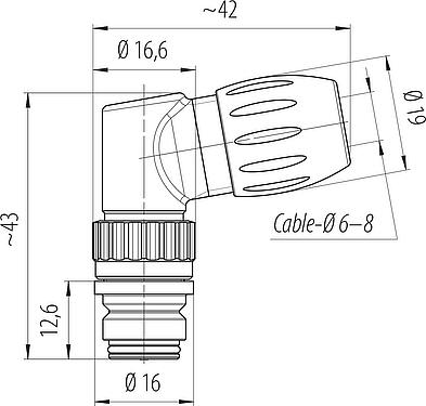 Scale drawing Snap-In Female angled connector, Contacts: 3, 6.0-8.0 mm, unshielded, solder, IP67