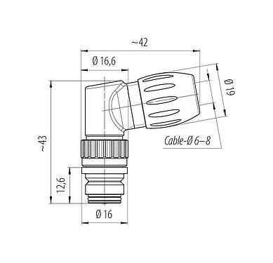 Dibujo a escala Snap-In Conector hembra en ángulo, Número de contactos: 12, 6,0-8,0 mm, sin blindaje, soldadura, IP67