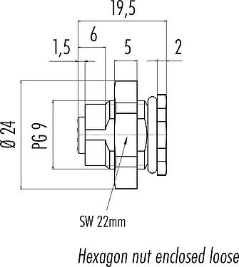 Dessin coté M12 Embase femelle, Contacts: 5, non blindé, souder, IP67, UL 2238, PG 9, Montage mural arrière