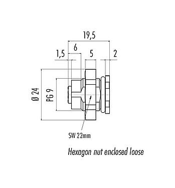 Scale drawing 86 4832 3002 00005 - M12 Female panel mount connector, Contacts: 5, unshielded, solder, IP67, UL 2238, PG 9, Front mounting