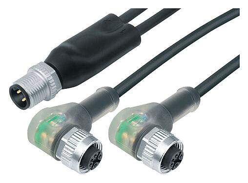 Illustration M12 Male cable splitter - 2 female angled connector, Contacts: 4/3, unshielded, moulded on the cable, IP68, UL 2238, PUR, black, 3 x 0.34 mm², with LED PNP closer, 1 m