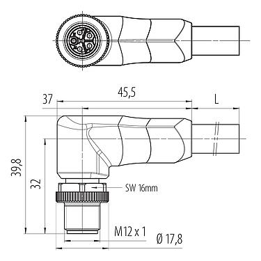 Scale drawing 77 0677 0000 50505-0200 - M12 Male angled connector, Contacts: 4+PE, unshielded, moulded on the cable, IP68, PUR, black, 5 x 2,50 mm², UL in preparation, 2 m