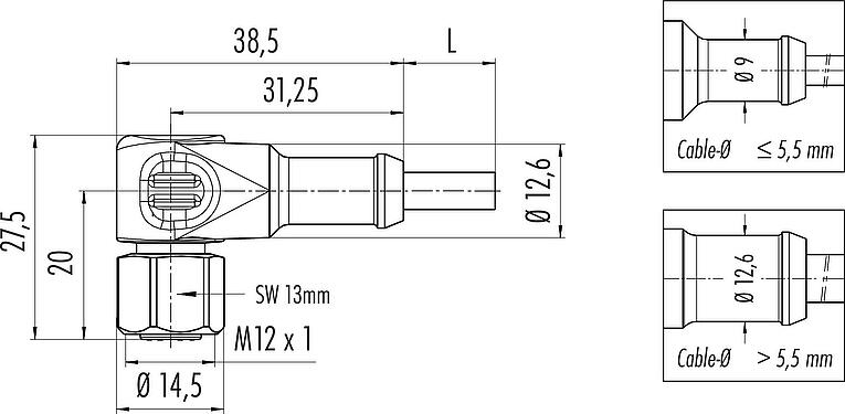 Dibujo a escala M12 Conector hembra en ángulo, Número de contactos: 4, sin blindaje, moldeado en el cable, IP67/IP69K, UL 2238, Ecolab, PVC, gris, 4 x 0,34 mm², Acero inoxidable, 2 m