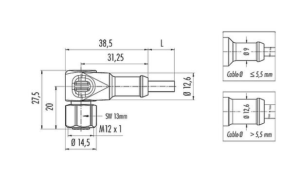 Scale drawing M12 Female angled connector, Contacts: 4, unshielded, moulded on the cable, IP67/IP69K, Ecolab, FDA compliant, Special TPE, grey, 4 x 0.34 mm², stainless steel, 10 m