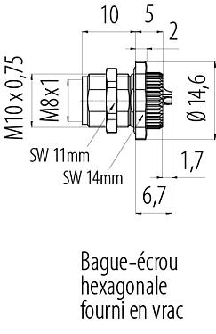 Dessin coté M8 Embase femelle, Contacts: 4, souder, IP67/IP69K, M10x0,75, Montage mural arrière, avec contacts à souder sur fils
