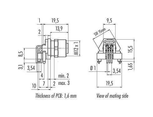 Scale drawing 99 3442 601 05 - M12 Female angled panel mount connector, Contacts: 5, shieldable, THR, IP68, UL 2238, for PCB assembly