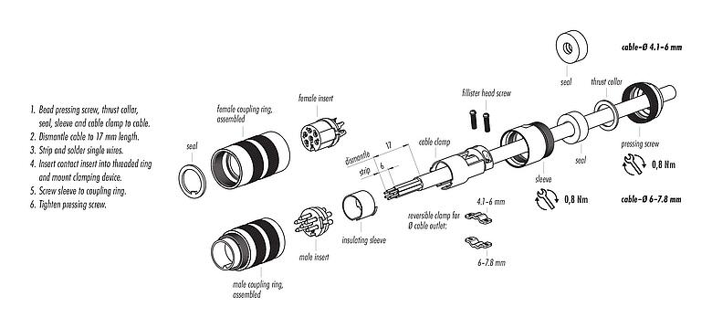 Assembly instructions M16 Male cable connector, Contacts: 5 (05-a), 4.1-7.8 mm, shieldable, solder, IP68, UL 2238, Short version