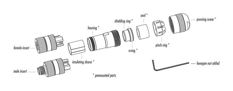 Component part drawing 99 3361 300 03 - M8 Male cable connector, Contacts: 3, 6.0-8.0 mm, shieldable, screw clamp, IP67, UL