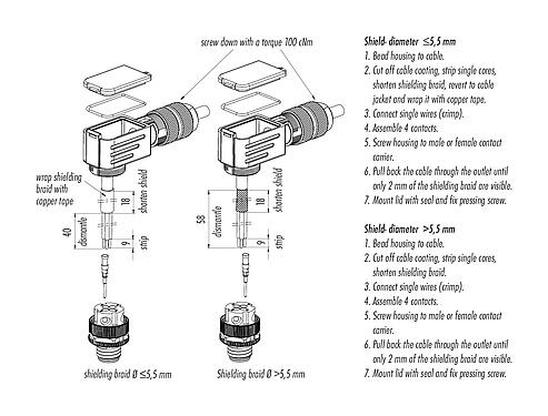 Instrucción de montaje 99 3721 820 04 - M12 Conector macho en ángulo, Número de contactos: 4, 5,0-8,0 mm, blindable, crimpado (los contactos de crimpado deben pedirse por separado), IP67