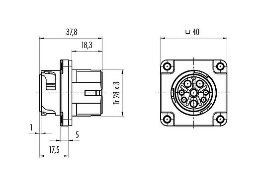 Scale drawing Bayonet Male panel mount connector, Contacts: 4+PE, unshielded, crimping (Crimp contacts must be ordered separately), IP68/IP69K, UL 2238, VDE, Front mounting, UV resistant