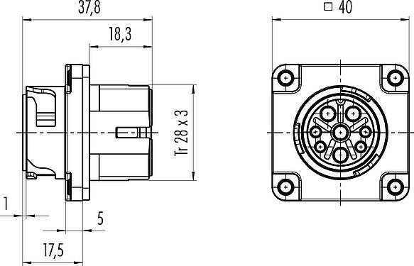 Dibujo a escala Bayoneta Enchufe de brida, Número de contactos: 4+PE, sin blindaje, crimpado (los contactos de crimpado deben pedirse por separado), IP68/IP69K, UL 2238, VDE, Montaje frontal, UV-Beständig