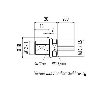 Scale drawing M12 Male panel mount connector, Contacts: 4, unshielded, single wires, IP68, UL 2238, M16x1.5, Front mounting
