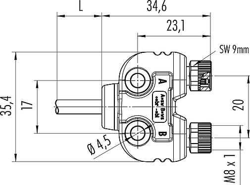 Scale drawing M8 Twin distributors, Y-distributor, Contacts: 3, unshielded, moulded on the cable, IP68, UL 2238, PUR, black, 4 x 0.25 mm², with LED PNP closer, 2 m