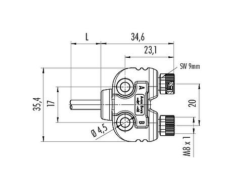 Scale drawing M8 Twin distributors, Y-distributor, Contacts: 3, unshielded, moulded on the cable, IP68, UL 2238, PUR, black, 4 x 0.25 mm², with LED PNP closer, 2 m