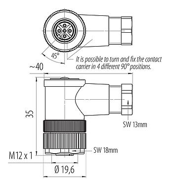 Dessin coté 99 0436 05 05 - M12 Connecteur femelle coudé, Contacts: 5, 4,0-6,0 mm, non blindé, pince à visser, IP67, UL