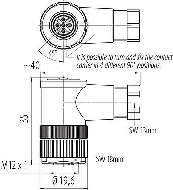 Scale drawing M12 Female angled connector, Contacts: 5, 4.0-6.0 mm, unshielded, screw clamp, IP67, UL 2238