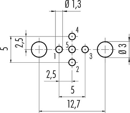 Conductor layout M12 Male panel mount connector, Contacts: 5, shieldable, THT, IP68, UL 2238, PG 9, Rear mounting, potted