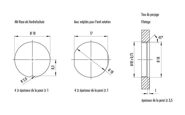 Instructions de montage / Découpe du panneau M16 Embase femelle, Contacts: 8, blindable, THR, IP67, M18x0,75, Montage mural arrière
