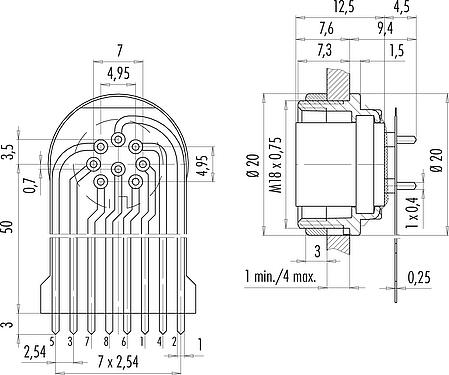 Conexión y dimensiones
M16 Toma de brida, Número de contactos: 8 (08-a), sin blindaje, THT, IP40, M18x0,75, Montaje en pared