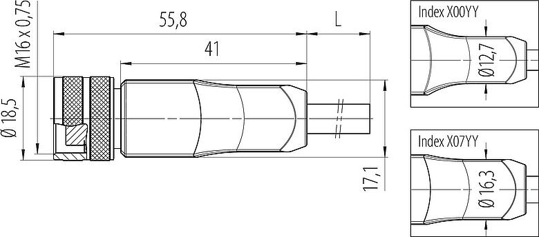 Scale drawing M16 Female cable connector, Contacts: 12, unshielded, moulded on the cable, IP67, PUR, black, 12 x 0.25 mm², 5 m