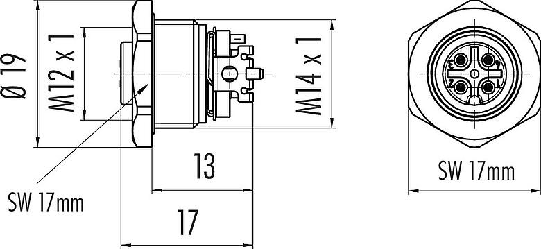 Scale drawing M12 Female panel mount connector, Contacts: 4, shieldable, SMT, IP67, M14x1.0, Front mounting