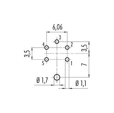 Conductor layout 09 0115 290 05 - M16 Male panel mount connector, Contacts: 5 (05-a), shieldable, THT, IP67, UL, Front mounting