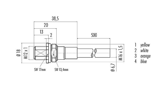 Dessin coté M12 Embase mâle, Contacts: 4, blindé, assemblés avec câble, IP67, UL, M16x1,5, Profinet, PUR, vert, 2 x 2 x AWG 22, Montage frontal, 0,5 m