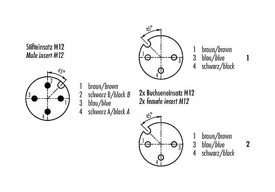 Disposition des contacts (Côté plug-in) 77 9829 3430 50003-0200 - M12 Duo connecteur mâle - 2 connecteurs femelle M12x1, Contacts: 4/3, non blindé, surmoulé sur le câble, IP68, PUR, noir, 3 x 0,34 mm², 2 m