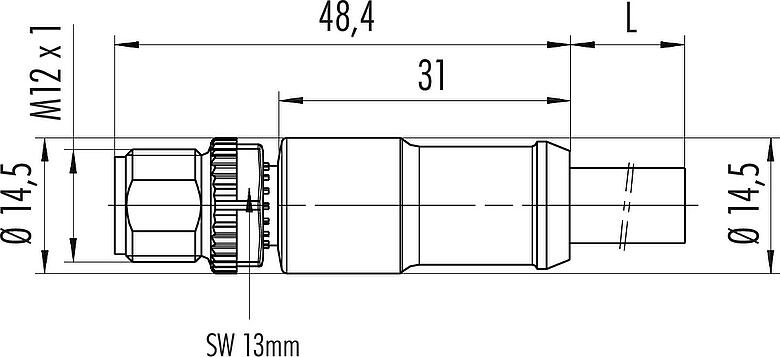Scale drawing M12 Male cable connector, Contacts: 4, unshielded, moulded on the cable, IP68, PUR, black, 4 x 1.50 mm², 5 m