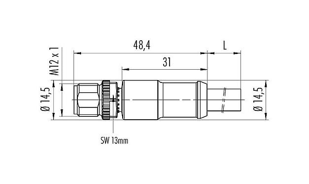 Scale drawing M12 Male cable connector, Contacts: 4, unshielded, moulded on the cable, IP68, PUR, black, 4 x 1.50 mm², 5 m