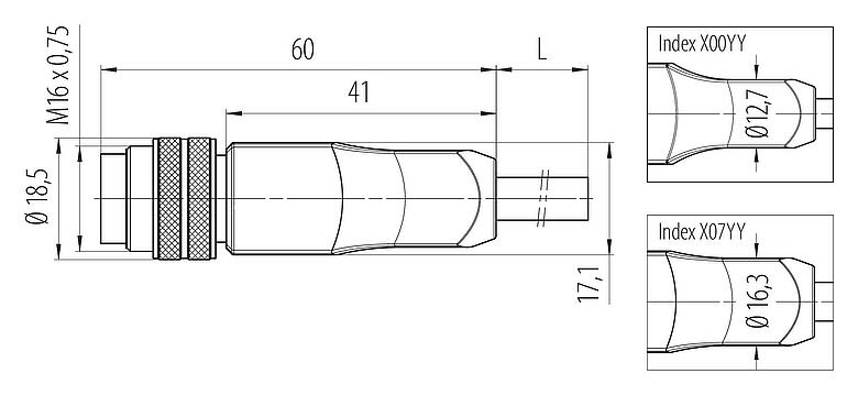 Dibujo a escala 77 6429 0000 50712-0200 - M16 Conector de cable macho, Número de contactos: 12, sin blindaje, moldeado en el cable, IP68, PUR, negro, 12 x 0,25 mm², 2 m