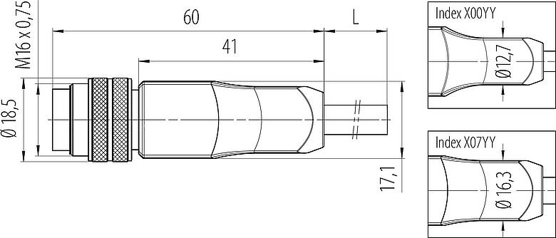 Dessin coté M16 Connecteur mâle, Contacts: 12, non blindé, surmoulé sur le câble, IP67, PUR, noir, 12 x 0,25 mm², 2 m