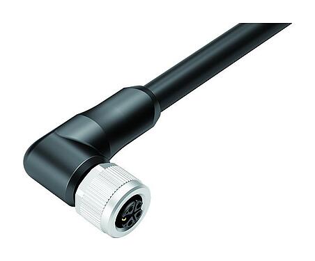 Ilustración M12 Conector hembra en ángulo, Número de contactos: 4+PE, sin blindaje, moldeado en el cable, IP68, UL 2238, PUR, negro, 5 x 1,50 mm², 5 m