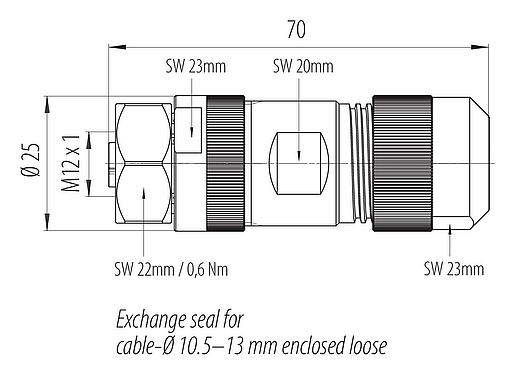 Dessin coté M12 Connecteur femelle, Contacts: 4+FE, 8,0-13,0 mm, non blindé, pince à visser, IP67, M12x1,0, Acier inoxydable