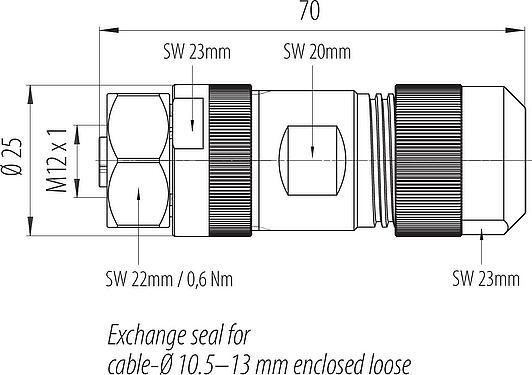 Dibujo a escala M12 Conector de cable hembra, Número de contactos: 4+FE, 8,0-13,0 mm, sin blindaje, tornillo extraíble, IP67, M12x1,0, Acero inoxidable