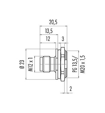 Dessin coté M12 Embase mâle, Contacts: 4, non blindé, souder, IP67, UL 2238, PG 13,5, Montage frontal
