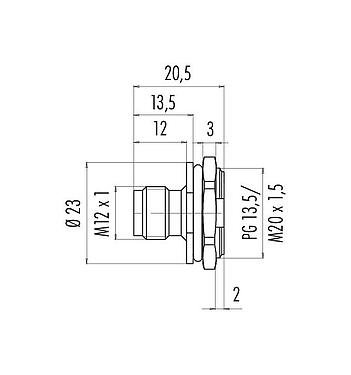 Scale drawing 86 4631 1002 00004 - M12 Male panel mount connector, Contacts: 4, unshielded, solder, IP67, UL, M20x1.5