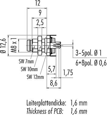 Scale drawing M8 Male panel mount connector, Contacts: 4, shieldable, THT, IP67, UL 2238, M8x1.0, Rear mounting, potted