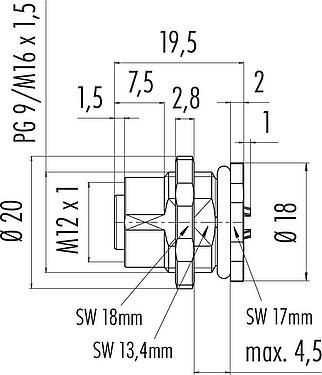 Scale drawing M12 Female panel mount connector, Contacts: 5, unshielded, solder, IP68, UL 2238, M16x1.5, Rear mounting
