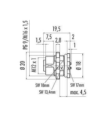 Scale drawing 86 0532 1002 00004 - M12 Female panel mount connector, Contacts: 4, unshielded, solder, IP68, UL 2238, PG 9, rear mounting
