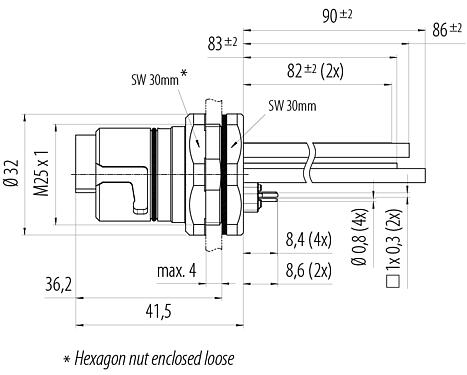 Dibujo a escala B23 Enchufe de brida, Número de contactos: 9 (4+PE + 4), THT, IP65/IP67, Montaje en pared, ENP: Pin de alimentación / Conector de datos