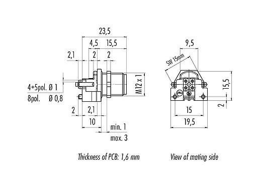 Scale drawing M12 Male panel mount connector, Contacts: 4, shieldable, THR, IP68, UL 2238, M12x1.0, Rear mounting, for PCB assembly