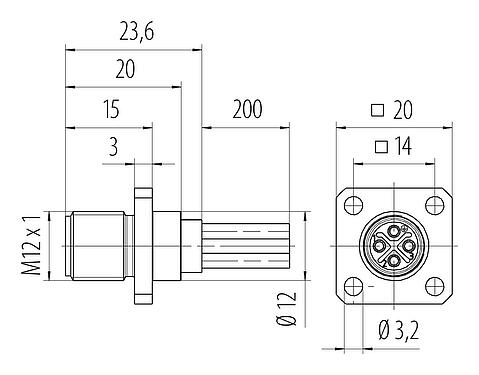 Scale drawing M12 Square male panel mount connector, Contacts: 4, unshielded, single wires, IP40, UL 2238, M3 (4x), Front mounting