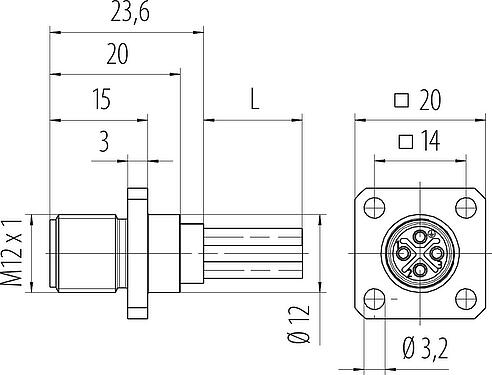 Dibujo a escala M12 Conector de montaje en panel macho cuadrado, Número de contactos: 4, sin blindaje, hilos, IP40, UL 2238, M3 (4x), Montaje frontal, moldeado