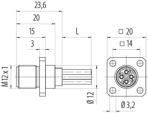 Dibujo a escala M12 Conector de montaje en panel macho cuadrado, Número de contactos: 4, sin blindaje, hilos, IP40, UL 2238, M3 (4x), Montaje frontal, moldeado