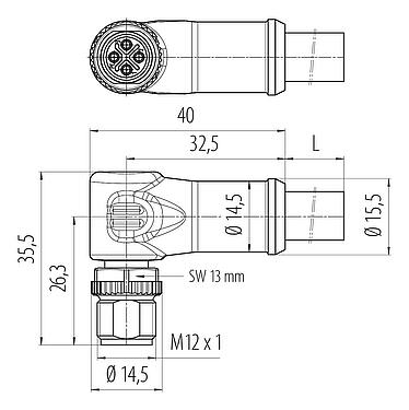 Dibujo a escala M12 Conector macho en ángulo, Número de contactos: 3+PE, sin blindaje, moldeado en el cable, IP68, UL, PUR, negro, 4 x 1,50 mm², 5 m