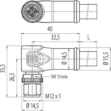 Dibujo a escala M12 Conector macho en ángulo, Número de contactos: 3+PE, sin blindaje, moldeado en el cable, IP68, UL, PUR, negro, 4 x 1,50 mm², 5 m