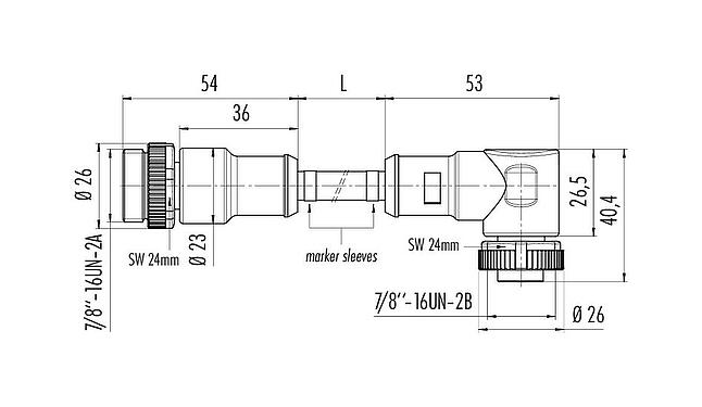 Dibujo a escala 7/8" Cable de conexión conector de cable macho - conector de cable hembra, Número de contactos: 4+PE, sin blindaje, moldeado en el cable, IP68, UL 2238, PUR, negro, 5 x 1,50 mm², 5 m
