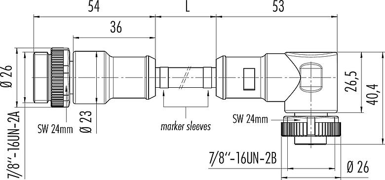 Dibujo a escala 7/8" Cable de conexión conector de cable macho - conector de cable hembra, Número de contactos: 4, sin blindaje, moldeado en el cable, IP68, UL 2238, PUR, negro, 4 x 1,50 mm², 10 m